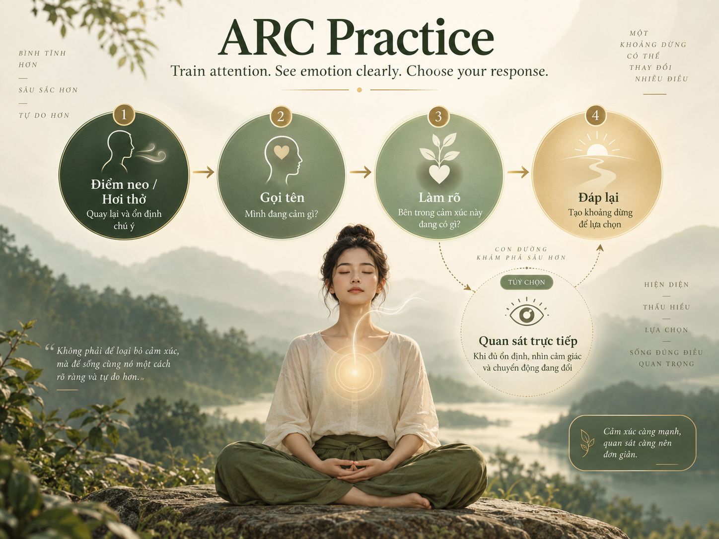 Bản đồ ARC Practice: Điểm neo hoặc hơi thở, Gọi tên, Làm rõ và Đáp lại; Nhìn trực tiếp là nhánh tùy chọn khi chú ý đủ ổn định.